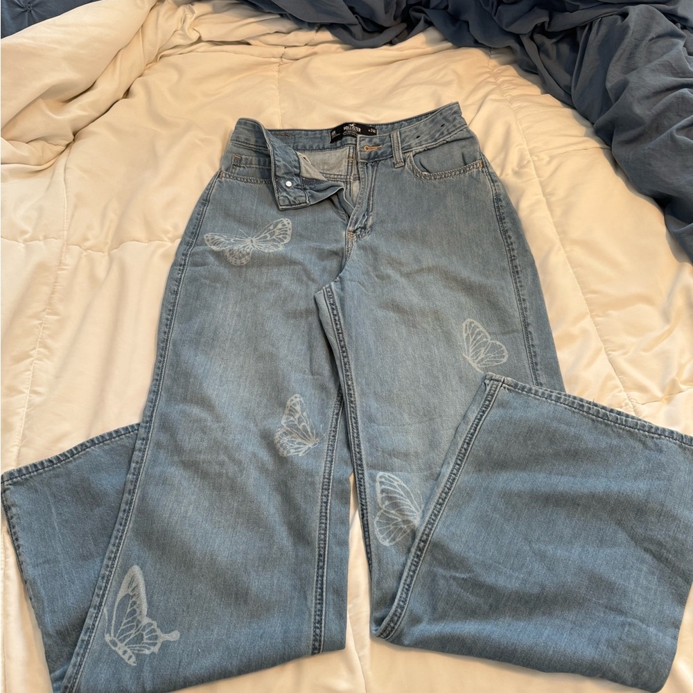 Hollister Light Blue Flare Jeans with Butterfly Design